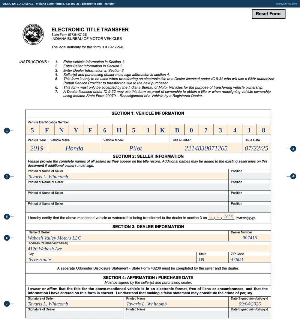 Indiana State Form 57738 filled in: a 2019 Honda Pilot, VIN 5FNYF6H51KB073418, title number 2214830071265 issued 22 July 2025, seller Tavaris L. Whitcomb with the Position box left empty, transferred on 4 September 2026 to Wabash Valley Motors LLC of Terre Haute, dealer number 907416, with the seller's signature completed in section four and the dealer's signature line left grey.