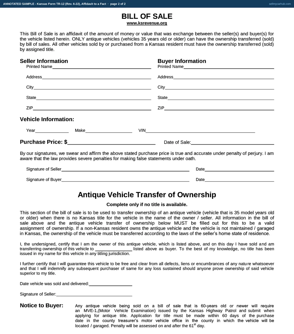 Kansas Form TR-12 Affidavit to a Fact filled in as a gift certification: a 2009 Toyota with identification number 2T1KU40E89C561208, the Vehicle Gift Certification box ticked, the gift going to Tabea R. Oblinger with owner Leocadia M. Wondra's hand printed name beside it, the other five statements left empty, and the affiant's certification block completed with Leocadia M. Wondra's printed name and the date 08/06/2026, the signature lines left for ink.