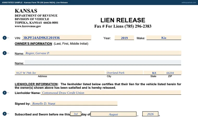 Top of our filled-in example of Kansas TR-150, Lien Release