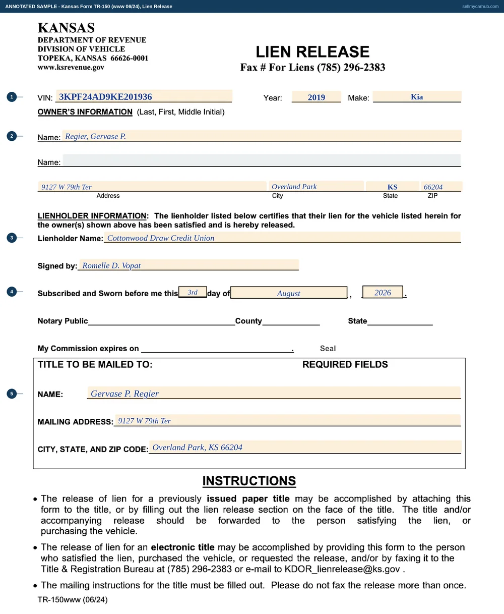 Kansas Form TR-150 Lien Release filled in: a 2019 Kia Forte with vehicle identification number 3KPF24AD9KE201936, owner Regier, Gervase P. of Overland Park, lienholder Cottonwood Draw Credit Union certifying the lien has been satisfied and is released, the Signed by line completed for authorizing officer Romelle D. Vopat, the Subscribed and Sworn date completed as the 3rd day of August, 2026, the notary's signature, county, state, commission expiry and seal left blank for the officer's own hand, and the title to be mailed to Gervase P. Regier at his Overland Park address.