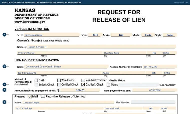 Top of our filled-in example of Kansas TR-155, Request for Release of Lien