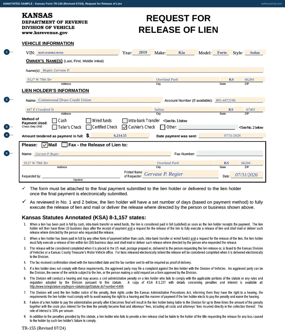 Kansas Form TR-155 Request for Release of Lien filled in: a 2019 Kia Forte, vehicle identification number 3KPF24AD9KE201936, owner Regier, Gervase P. of Overland Park, lienholder Cottonwood Draw Credit Union of Salina with the loan account number recorded, the cashier's check payment box ticked with 6,214.55 dollars tendered as payment in full sent on 07/31/2026, the Mail box ticked directing the release to Gervase P. Regier at his Overland Park address, and the requestor's printed name and date completed with the signature line left for ink.