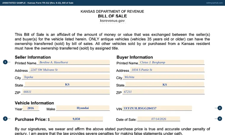 Top of our filled-in example of Kansas TR-312, Bill of Sale