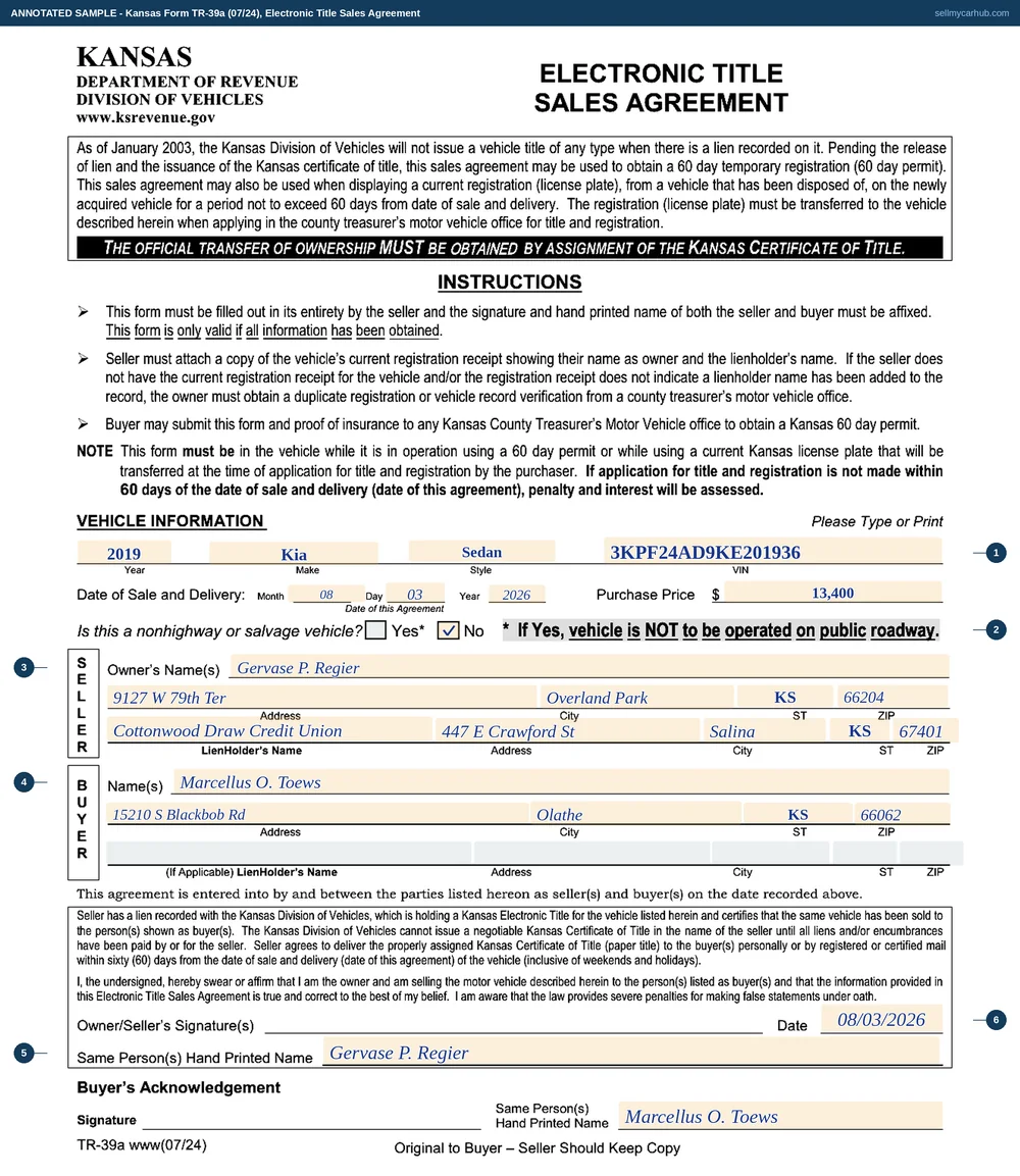 Kansas Form TR-39a Electronic Title Sales Agreement filled in: a 2019 Kia Forte, style sedan, vehicle identification number 3KPF24AD9KE201936, date of sale and delivery 08/03/2026, purchase price 13,400 dollars, the nonhighway or salvage question answered No, seller Gervase P. Regier of Overland Park with lienholder Cottonwood Draw Credit Union of Salina in the seller band, buyer Marcellus O. Toews of Olathe with no lienholder of his own, the seller's hand printed name completed, the buyer's hand printed name completed in the acknowledgement block, and both signature lines left blank for ink.