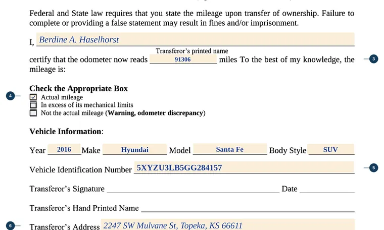 Part of our filled-in example of Kansas TR-59, Odometer Disclosure Statement, showing the filled-in entries