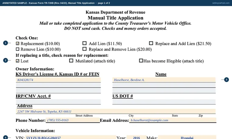 Top of page 1 of our filled-in example of Kansas TR-720B, Manual Title Application (Replacement, Add or Remove Lien)