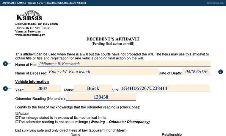 Top of our filled-in example of Kansas TR-83a, Decedent's Affidavit