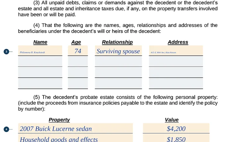Part of page 1 of our filled-in example of Kansas TR-83b, Claim of Heir / Small Estates Affidavit, showing the filled-in entries