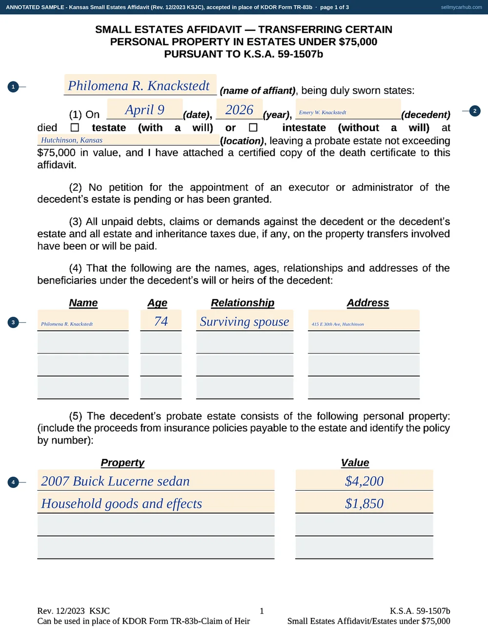 Kansas Small Estates Affidavit, accepted in place of Form TR-83b, filled in: affiant Philomena R. Knackstedt states that Emery W. Knackstedt died on April 9, 2026 at Hutchinson, Kansas leaving a probate estate not exceeding 75,000 dollars, heir Philomena R. Knackstedt aged 74, surviving spouse, of 415 E 30th Ave, Hutchinson, the property list showing a 2007 Buick Lucerne valued at 4,200 dollars, the vehicle block carrying its VIN 1G4HD57267U238414 with the odometer certification's reading cells and tick boxes left empty for a pen, the distribution paragraph completed to the affiant, and the notary block completed for Reno County with the signature lines left blank for ink.
