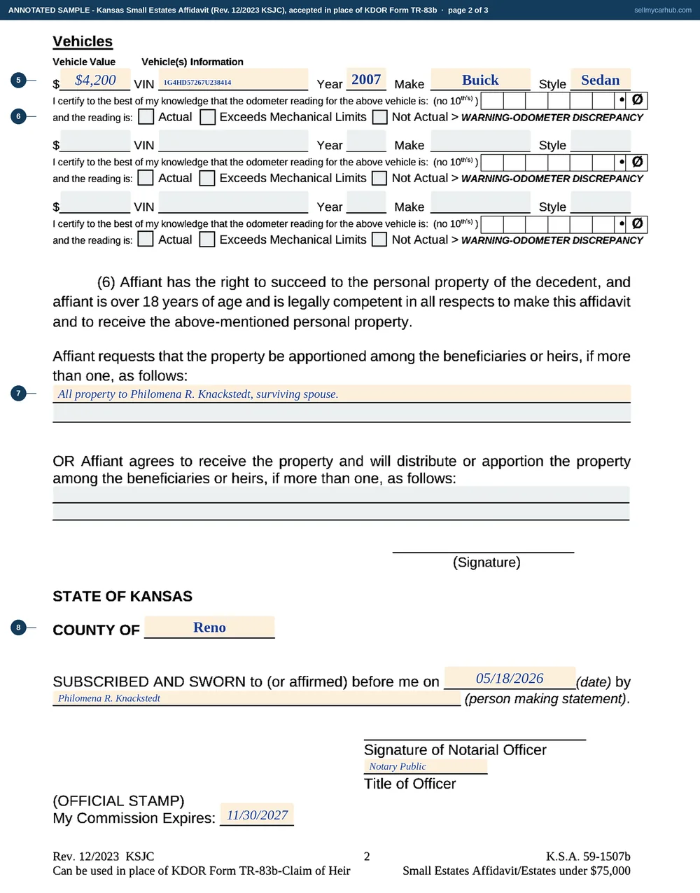 Kansas Small Estates Affidavit, accepted in place of Form TR-83b, filled in: affiant Philomena R. Knackstedt states that Emery W. Knackstedt died on April 9, 2026 at Hutchinson, Kansas leaving a probate estate not exceeding 75,000 dollars, heir Philomena R. Knackstedt aged 74, surviving spouse, of 415 E 30th Ave, Hutchinson, the property list showing a 2007 Buick Lucerne valued at 4,200 dollars, the vehicle block carrying its VIN 1G4HD57267U238414 with the odometer certification's reading cells and tick boxes left empty for a pen, the distribution paragraph completed to the affiant, and the notary block completed for Reno County with the signature lines left blank for ink.