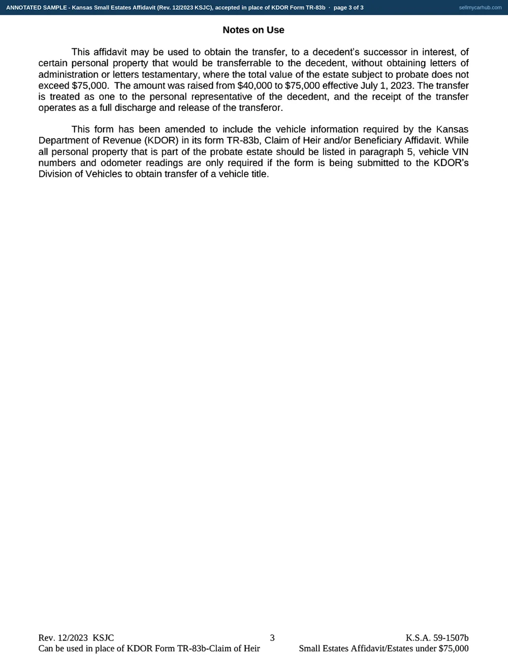 Kansas Small Estates Affidavit, accepted in place of Form TR-83b, filled in: affiant Philomena R. Knackstedt states that Emery W. Knackstedt died on April 9, 2026 at Hutchinson, Kansas leaving a probate estate not exceeding 75,000 dollars, heir Philomena R. Knackstedt aged 74, surviving spouse, of 415 E 30th Ave, Hutchinson, the property list showing a 2007 Buick Lucerne valued at 4,200 dollars, the vehicle block carrying its VIN 1G4HD57267U238414 with the odometer certification's reading cells and tick boxes left empty for a pen, the distribution paragraph completed to the affiant, and the notary block completed for Reno County with the signature lines left blank for ink.