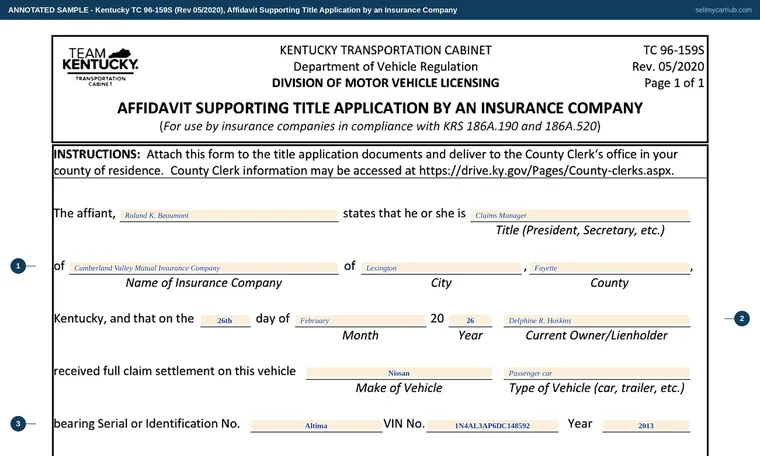 Top of our filled-in example of Kentucky TC 96-159S, Affidavit Supporting Title Application by an Insurance Company