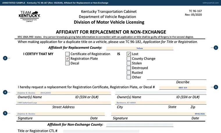 Top of our filled-in example of Kentucky TC 96-167, Affidavit for Replacement or Non-Exchange