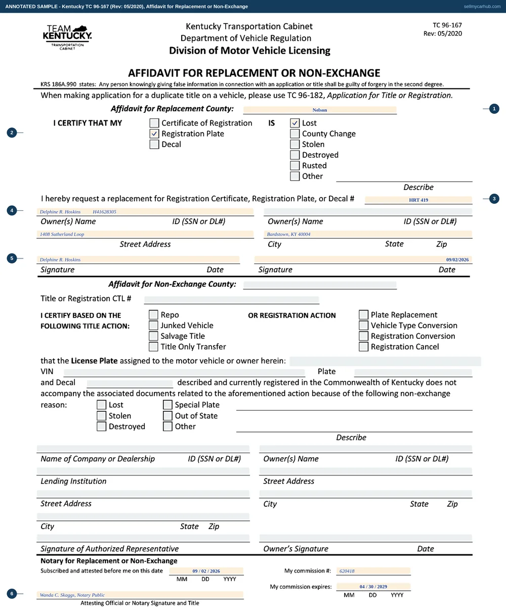 Kentucky form TC 96-167 filled in on its upper half only: Delphine R. Hoskins of Nelson County certifies that her registration plate HRT 419 is lost, requests a replacement, gives her Bardstown address and driver licence number, signs and dates it 2 September 2026, and swears it before notary Wanda C. Skaggs, with the entire non-exchange affidavit below left grey.