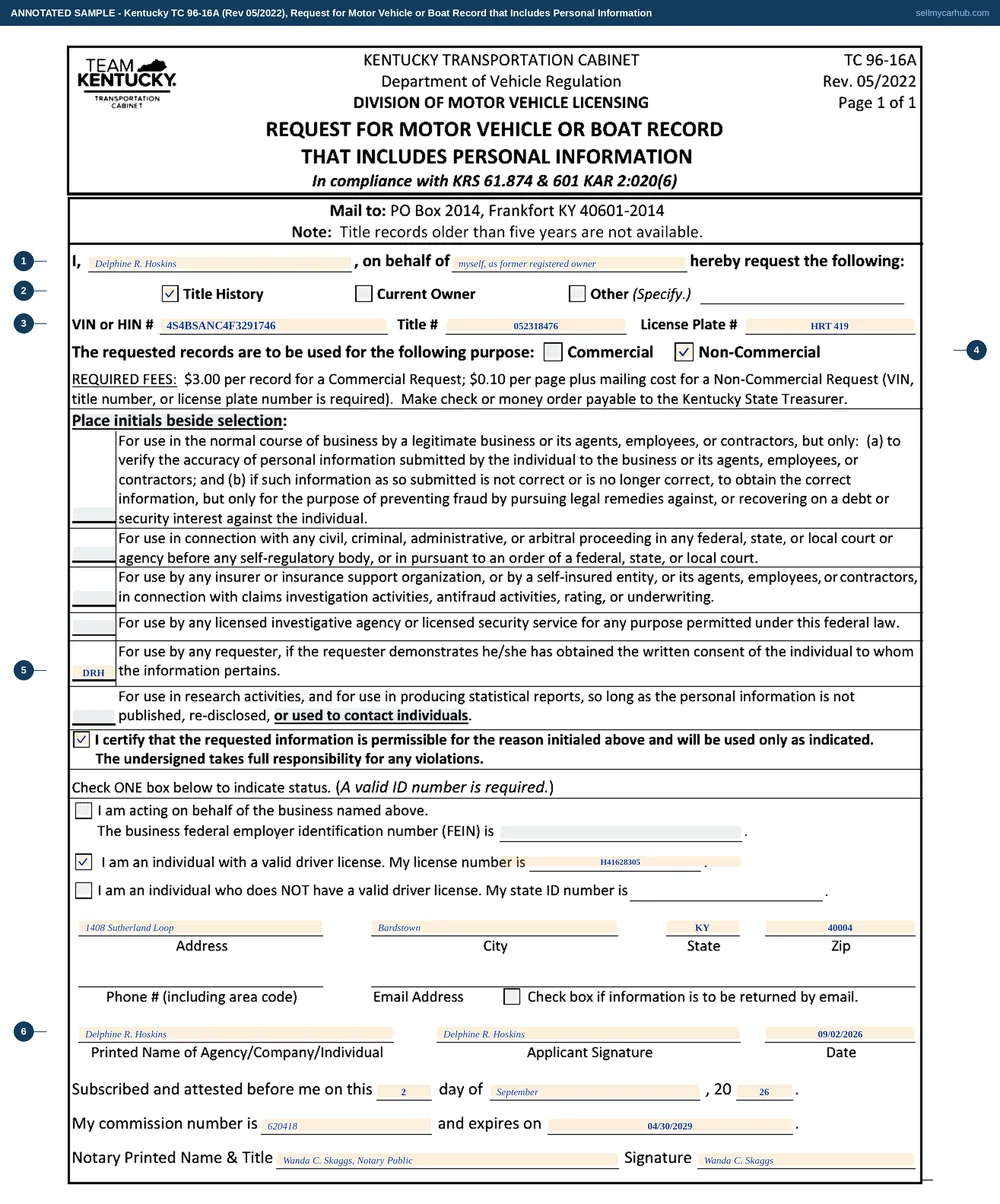 Kentucky form TC 96-16A filled in by a former owner: Delphine R. Hoskins requests the title history of a 2015 Subaru Outback, vehicle identification number 4S4BSANC4F3291746, title number 052318476, plate HRT 419, for a non-commercial purpose, initialling the written-consent line, ticking the certification and the individual-with-a-driver-licence status, and swearing it before notary Wanda C. Skaggs on 2 September 2026.