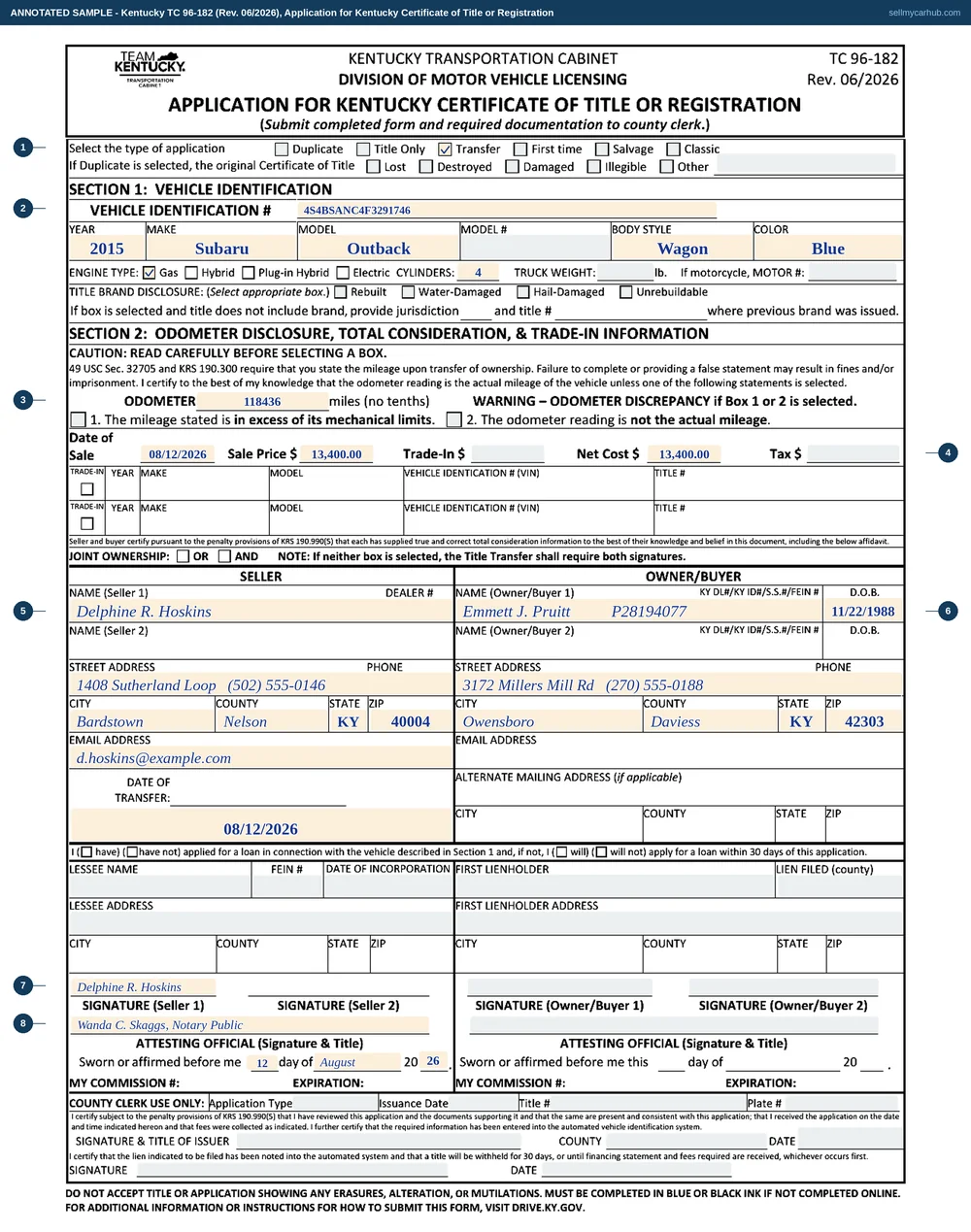Kentucky form TC 96-182 filled in for one private sale: a 2015 Subaru Outback, vehicle identification number 4S4BSANC4F3291746, sold by Delphine R. Hoskins of Bardstown to Emmett J. Pruitt of Owensboro on 12 August 2026 for 13,400 dollars with an odometer reading of 118,436 miles, the transfer box ticked at the top, neither odometer caution box ticked, and the seller's notary block completed.