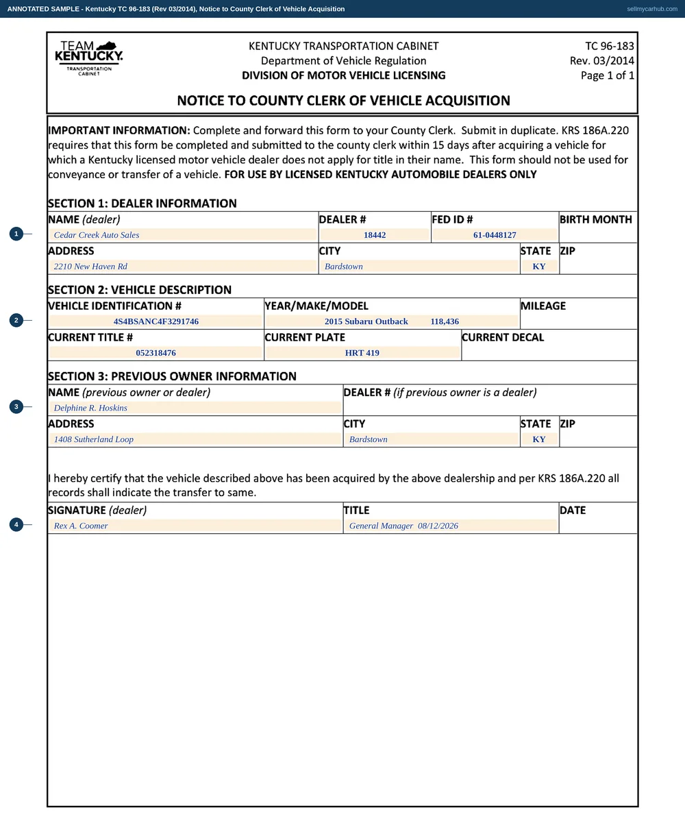 Kentucky form TC 96-183 filled in by a dealership: Cedar Creek Auto Sales of Bardstown, dealer number 18442, notifies the county clerk that it has acquired a 2015 Subaru Outback, vehicle identification number 4S4BSANC4F3291746, title number 052318476, plate HRT 419, from previous owner Delphine R. Hoskins, signed by the general manager on 12 August 2026.