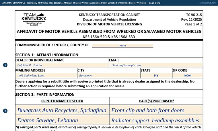 Top of page 1 of our filled-in example of Kentucky TC 96-215, Affidavit of Motor Vehicle Assembled from Wrecked or Salvaged Motor Vehicles