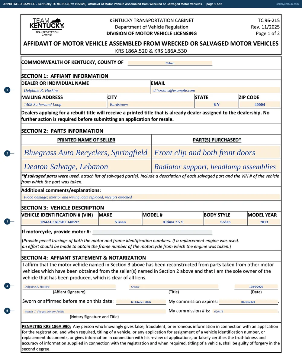 Kentucky form TC 96-215 filled in: Delphine R. Hoskins of Bardstown, Nelson County, names two parts sellers and what was bought from each, notes flood damage with the interior and wiring loom replaced, describes a 2013 Nissan Altima 2.5 S sedan with vehicle identification number 1N4AL3AP6DC148592, and swears on 6 October 2026 before notary Wanda C. Skaggs that she is the sole owner and the vehicle is clear of all liens.