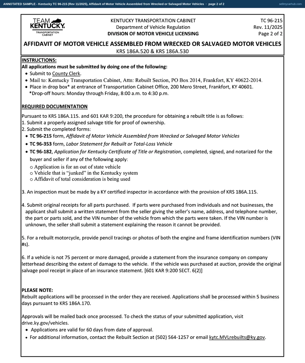 Kentucky form TC 96-215 filled in: Delphine R. Hoskins of Bardstown, Nelson County, names two parts sellers and what was bought from each, notes flood damage with the interior and wiring loom replaced, describes a 2013 Nissan Altima 2.5 S sedan with vehicle identification number 1N4AL3AP6DC148592, and swears on 6 October 2026 before notary Wanda C. Skaggs that she is the sole owner and the vehicle is clear of all liens.