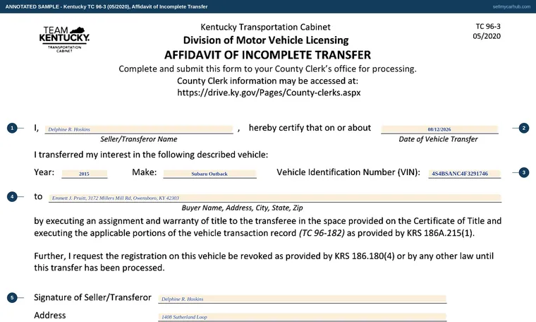 Top of our filled-in example of Kentucky TC 96-3, Affidavit of Incomplete Transfer