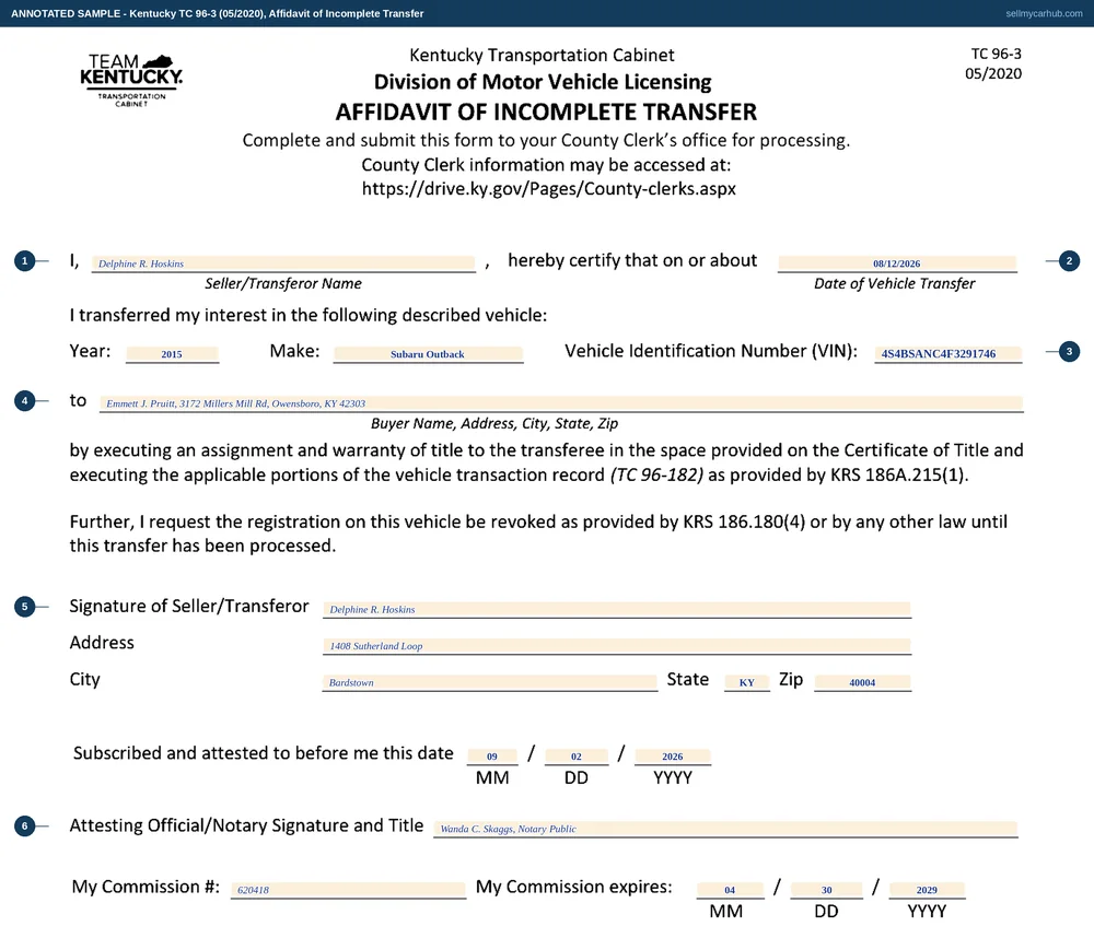 Kentucky form TC 96-3 filled in: Delphine R. Hoskins certifies that on 12 August 2026 she transferred her interest in a 2015 Subaru Outback, vehicle identification number 4S4BSANC4F3291746, to Emmett J. Pruitt of Owensboro, signed with her Bardstown address and sworn before notary Wanda C. Skaggs on 2 September 2026.