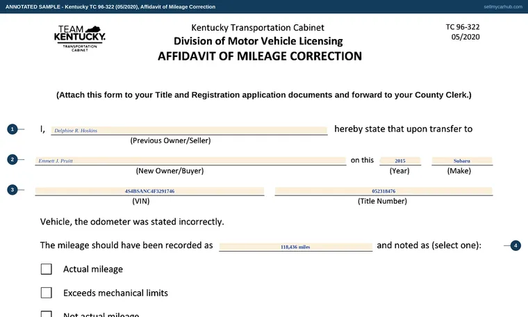 Top of our filled-in example of Kentucky TC 96-322, Affidavit of Mileage Correction
