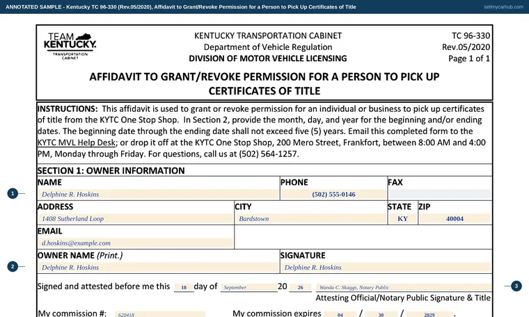 Top of our filled-in example of Kentucky TC 96-330, Affidavit to Grant/Revoke Permission for a Person to Pick Up Certificates of Title