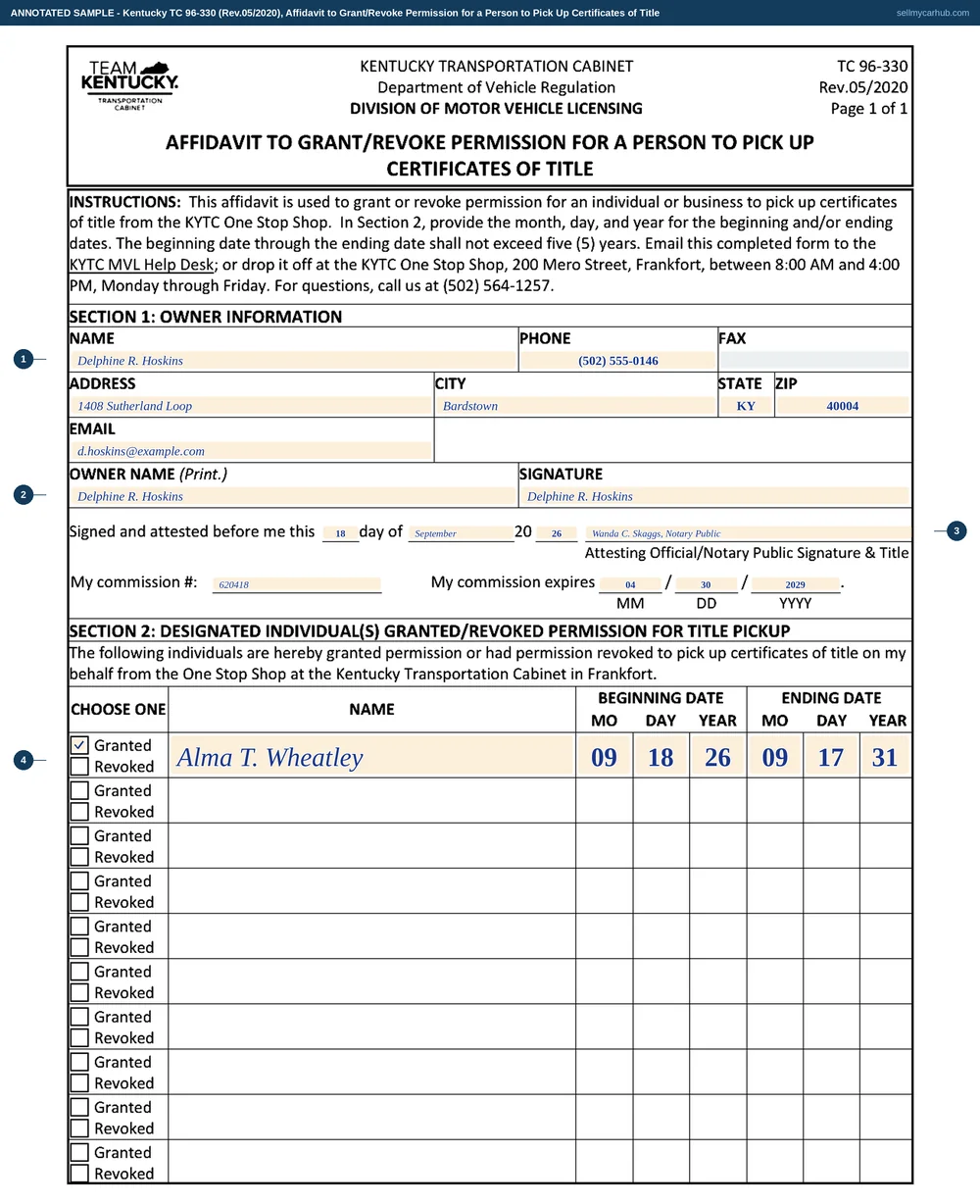 Kentucky form TC 96-330 filled in: Delphine R. Hoskins of Bardstown grants Alma T. Wheatley permission to pick up certificates of title on her behalf from the One Stop Shop, beginning 18 September 2026 and ending 17 September 2031, sworn before notary Wanda C. Skaggs, with the remaining nine rows of the grid left empty.
