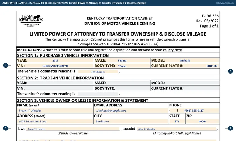 Top of our filled-in example of Kentucky TC 96-336, Limited Power of Attorney to Transfer Ownership & Disclose Mileage