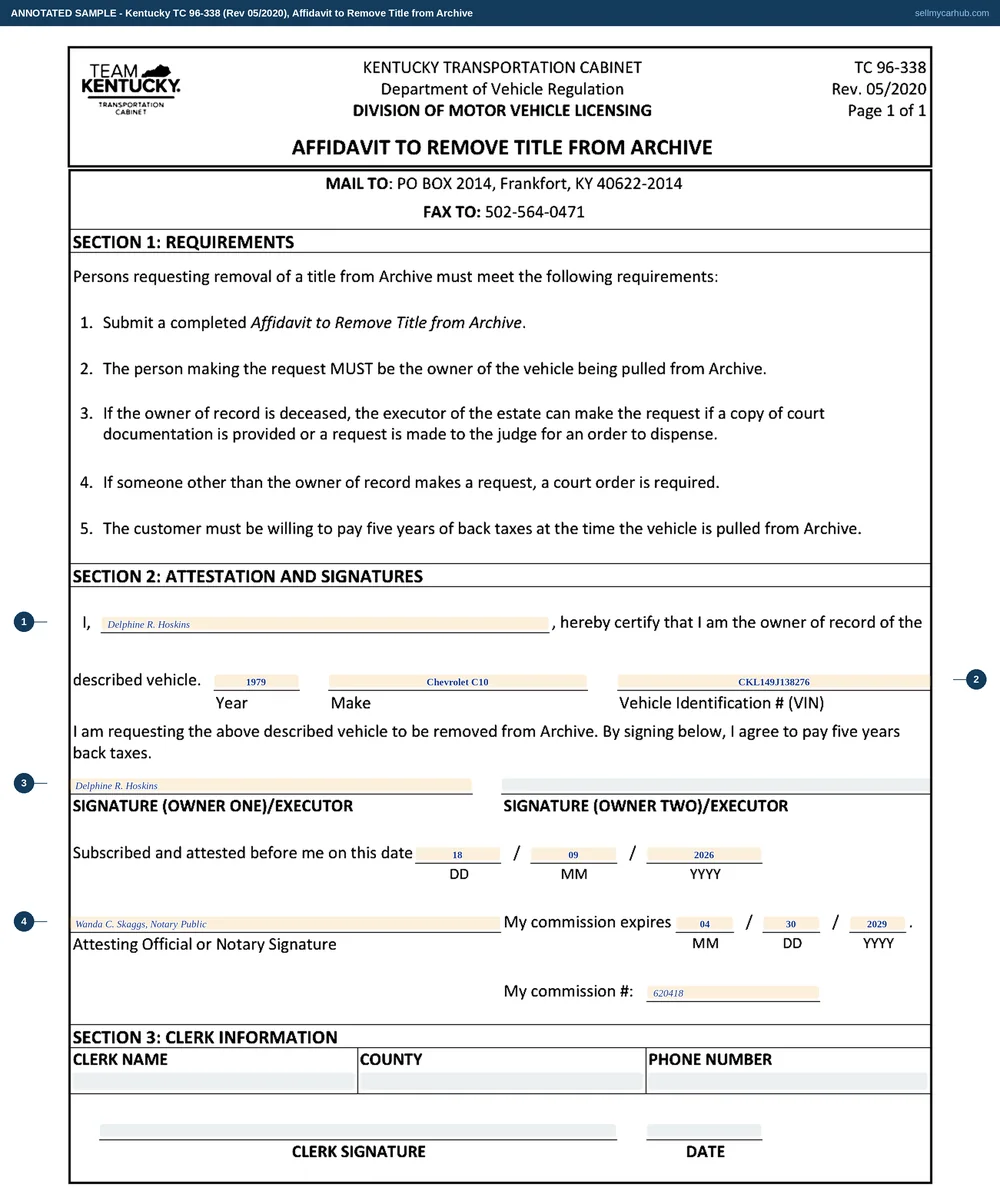 Kentucky form TC 96-338 filled in: Delphine R. Hoskins certifies she is the owner of record of a 1979 Chevrolet C10, vehicle identification number CKL149J138276, requests its title be removed from Archive, agrees to pay five years back taxes, and signs before notary Wanda C. Skaggs on 18 September 2026, with the clerk information block left empty.