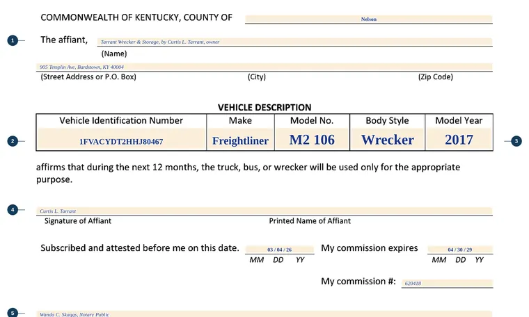 Part of our filled-in example of Kentucky TC 96-341, Affidavit for Motor Vehicle Usage, showing the filled-in entries