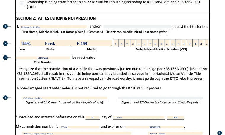 Part of our filled-in example of Kentucky TC 96-352, Affidavit to Reactivate a Junked Vehicle Title, showing the filled-in entries