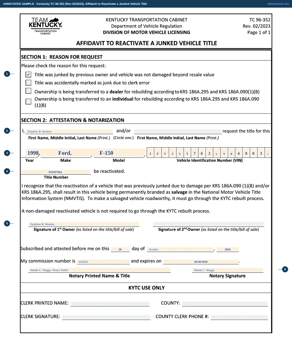Kentucky form TC 96-352 filled in: the first reason ticked, that the title was junked by a previous owner and the vehicle was not damaged beyond resale value, for a 1998 Ford F-150, vehicle identification number 1FTZX1762WNB48035 in seventeen boxes, title number 031927664, signed by Delphine R. Hoskins and sworn before notary Wanda C. Skaggs on 26 October 2026.