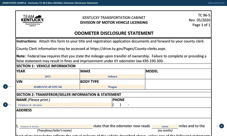 Top of our filled-in example of Kentucky TC 96-5, Odometer Disclosure Statement