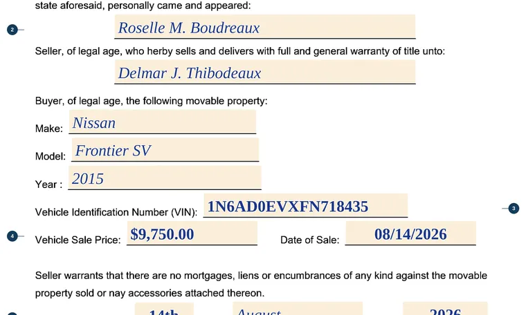 Part of our filled-in example of Louisiana Bill of Sale, Bill of Sale of a Movable, showing the filled-in entries