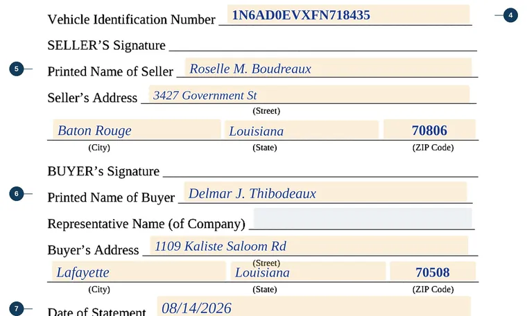 Part of our filled-in example of Louisiana DPSMV 1606, Odometer Disclosure Statement, showing the filled-in entries