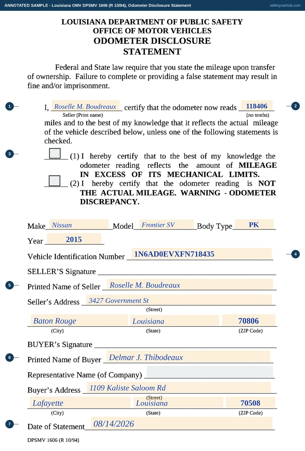 A Louisiana DPSMV 1606 odometer disclosure statement filled in: seller Roselle M. Boudreaux certifying an odometer reading of 118406 with neither exception box ticked, a 2015 Nissan Frontier SV, body type PK, VIN 1N6AD0EVXFN718435, the seller's Baton Rouge address, buyer Delmar J. Thibodeaux with a Lafayette address, and a statement date of 14 August 2026.
