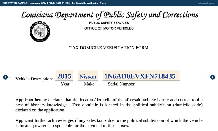 Top of our filled-in example of Louisiana DPSMV 1608, Tax Domicile Verification Form