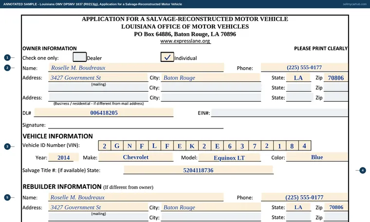 Top of our filled-in example of Louisiana DPSMV 1637, Application for a Salvage-Reconstructed Motor Vehicle