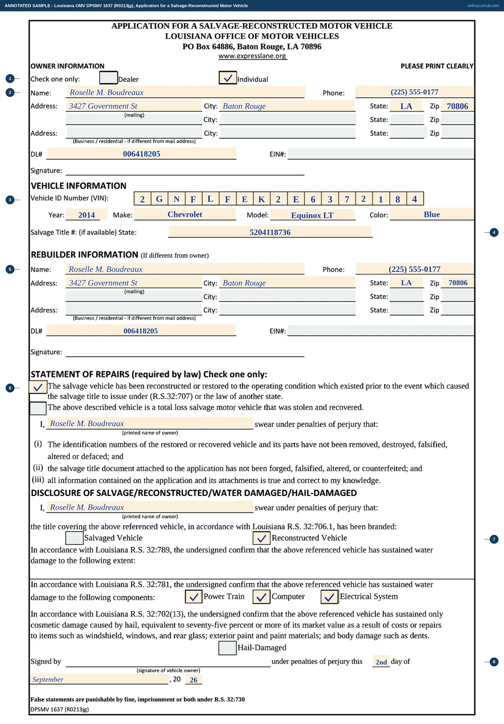 A Louisiana DPSMV 1637 application for a salvage-reconstructed motor vehicle filled in: Individual ticked, owner Roselle M. Boudreaux of Baton Rouge with a phone number and driver's licence number, VIN 2GNFLFEK2E6372184 written one character per box across the seventeen-box comb, a 2014 blue Chevrolet Equinox LT, salvage title number 5204118736, the same person as rebuilder, the reconstructed-or-restored statement of repairs ticked, Reconstructed Vehicle ticked under the disclosure, and Power Train, Computer and Electrical System all ticked as water-damaged components, signed on the 2nd day of September 2026.