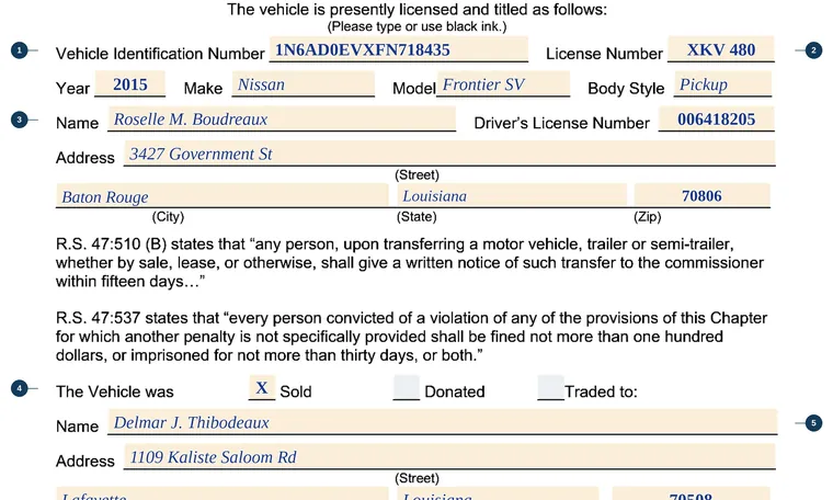 Part of our filled-in example of Louisiana DPSMV 1697, Notice of Transfer of Vehicle, showing the filled-in entries