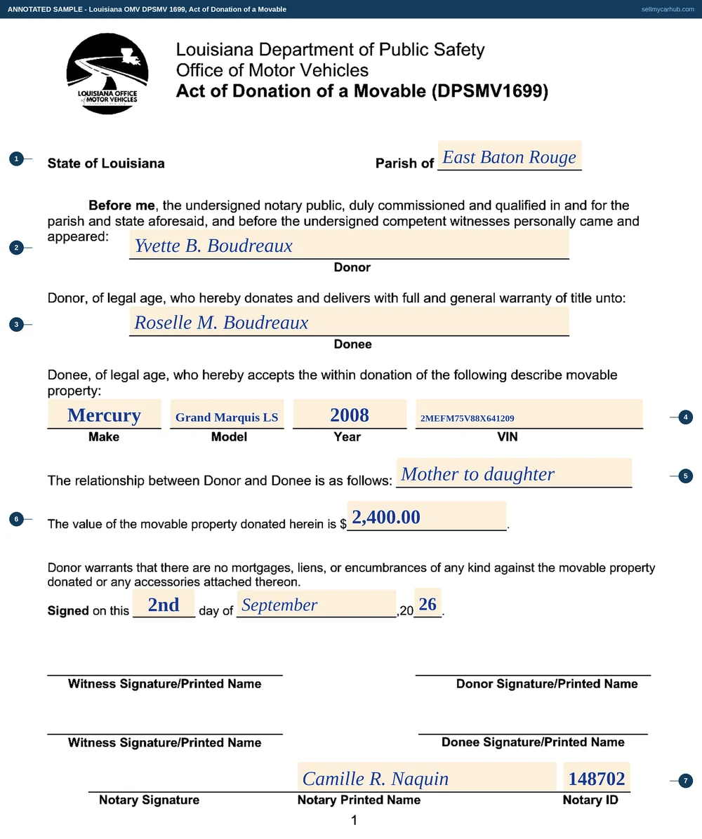 A Louisiana DPSMV 1699 act of donation of a movable filled in: Parish of East Baton Rouge, donor Yvette B. Boudreaux, donee Roselle M. Boudreaux, a 2008 Mercury Grand Marquis LS with VIN 2MEFM75V88X641209, the relationship given as mother to daughter, a value of 2,400.00, signed on the 2nd day of September 2026, with notary Camille R. Naquin and notary identification number 148702 at the foot.