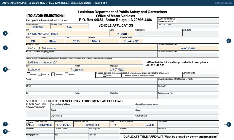 Top of page 1 of our filled-in example of Louisiana DPSMV 1799, Vehicle Application