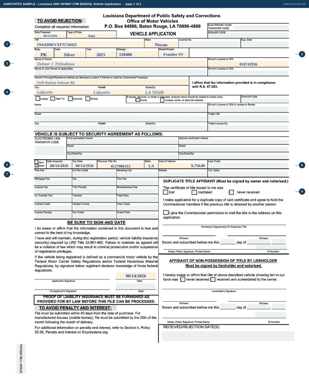 A Louisiana DPSMV 1799 vehicle application filled in for one private sale: buyer Delmar J. Thibodeaux of Lafayette with a driver's licence number, a used 2015 Nissan Frontier SV, VIN 1N6AD0EVXFN718435, mileage 118406, Lafayette parish, Used ticked, a previous title number and a cost of vehicle of 9,750.00, dated 14 August 2026. The twenty-box fee column, the duplicate title affidavit and the lienholder affidavit are all greyed out.
