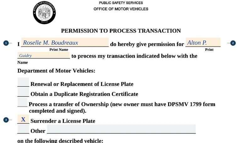 Part of our filled-in example of Louisiana DPSMV 1806, Permission to Process Transaction, showing the filled-in entries