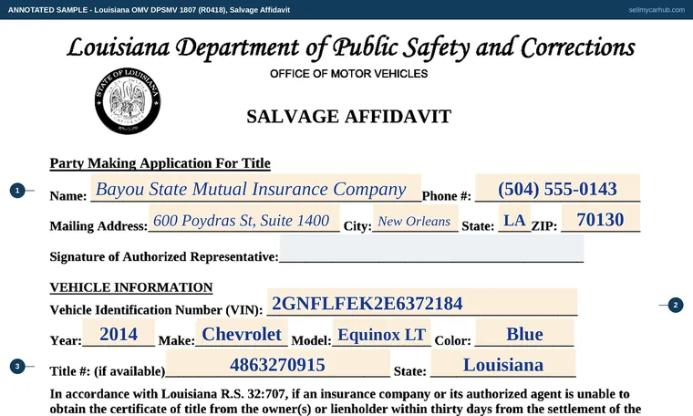 Top of our filled-in example of Louisiana DPSMV 1807, Salvage Affidavit
