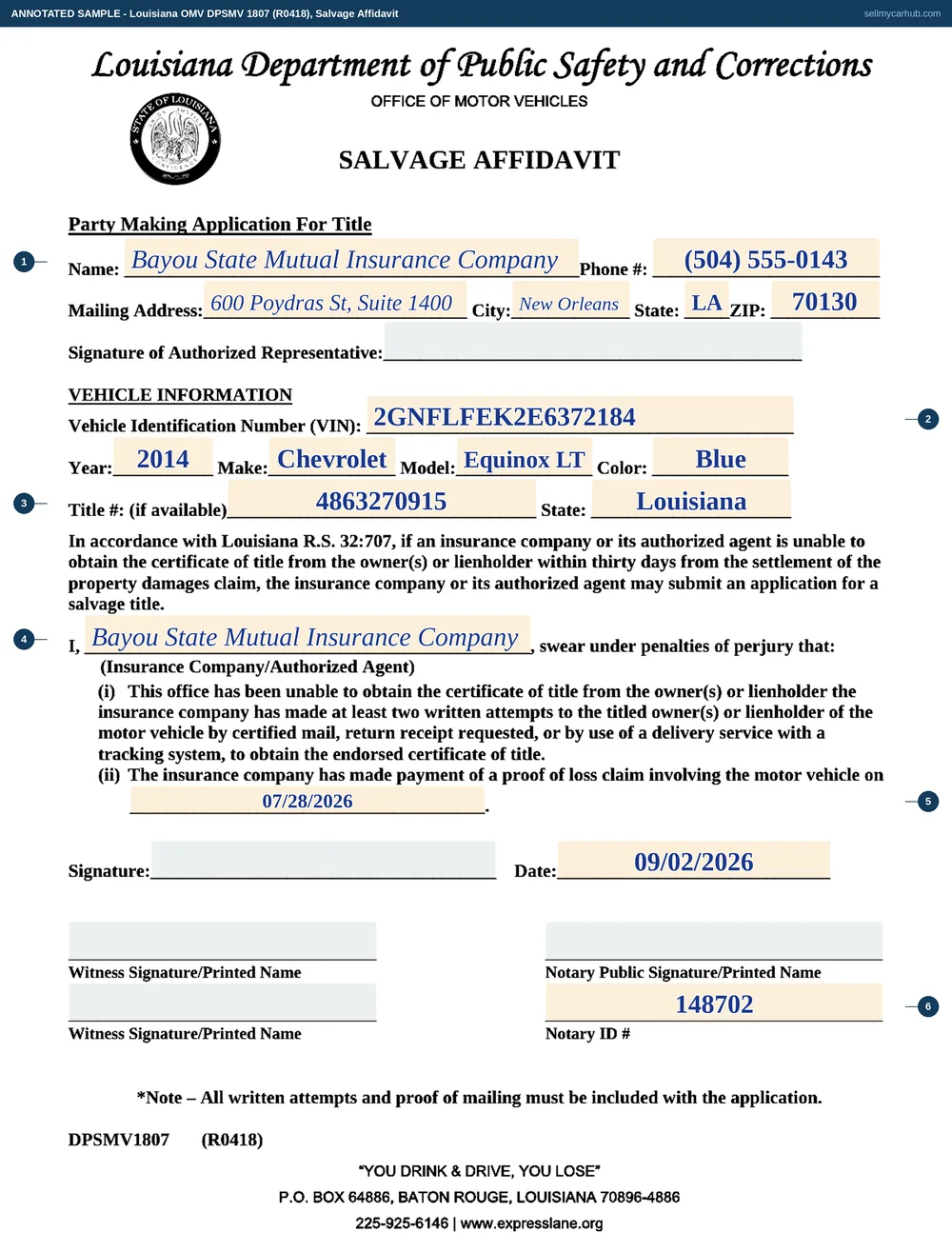 A Louisiana DPSMV 1807 salvage affidavit filled in from the insurer's side: Bayou State Mutual Insurance Company of New Orleans as the party making application, a 2014 blue Chevrolet Equinox LT with VIN 2GNFLFEK2E6372184 and title number 4863270915, the insurer named again in the sworn paragraph, a proof of loss payment date of 28 July 2026, and a date of 2 September 2026 with notary identification number 148702 at the foot. The signature and witness rules are greyed.