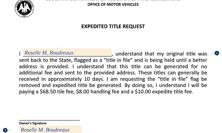Part of our filled-in example of Louisiana DPSMV 1823, Expedited Title Request, showing the filled-in entries