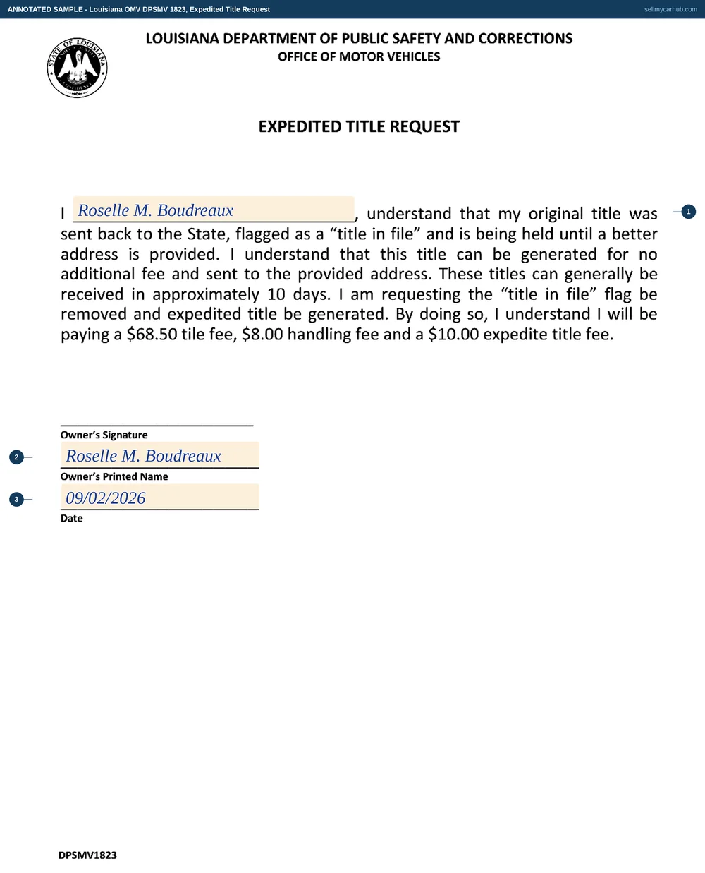 A Louisiana DPSMV 1823 expedited title request filled in: Roselle M. Boudreaux named in the opening sentence about a title sent back to the State and flagged as a title in file, her printed name below the blank signature rule, and a date of 2 September 2026.